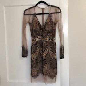 Luxxel Black & Tan Illusion Lace dress, Size Small
